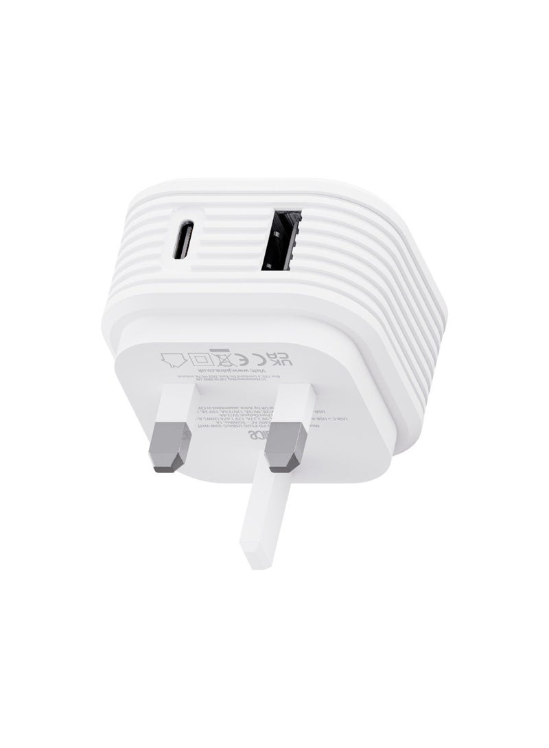 جوس شاحن JUICE بقدرة 20 واط مع منفذين USB – محول جداري للشحن السريع مزود بمنفذي USB-A وUSB-C مع دعم Power Delivery، مناسب للهواتف والأجهزة اللوحية والأجهزة الأخرى، بتصميم مدمج مع تقنية القبضة الآمنة، باللون الأبيض. - Image 2